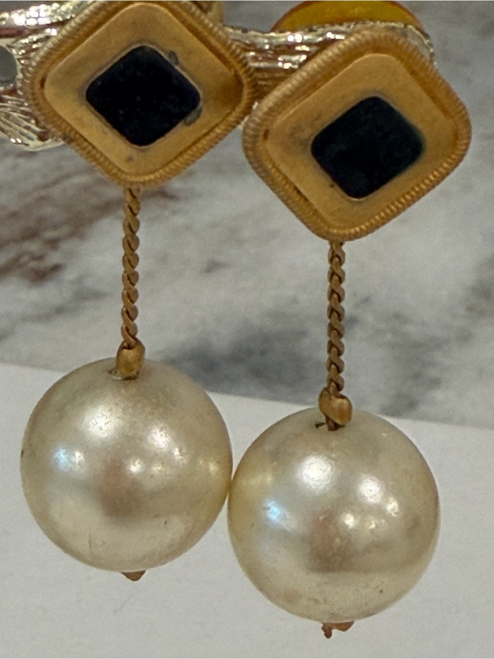 Gold Tone and Navy Cream Pearl Drop Earrings - Elegant Women's Jewelry